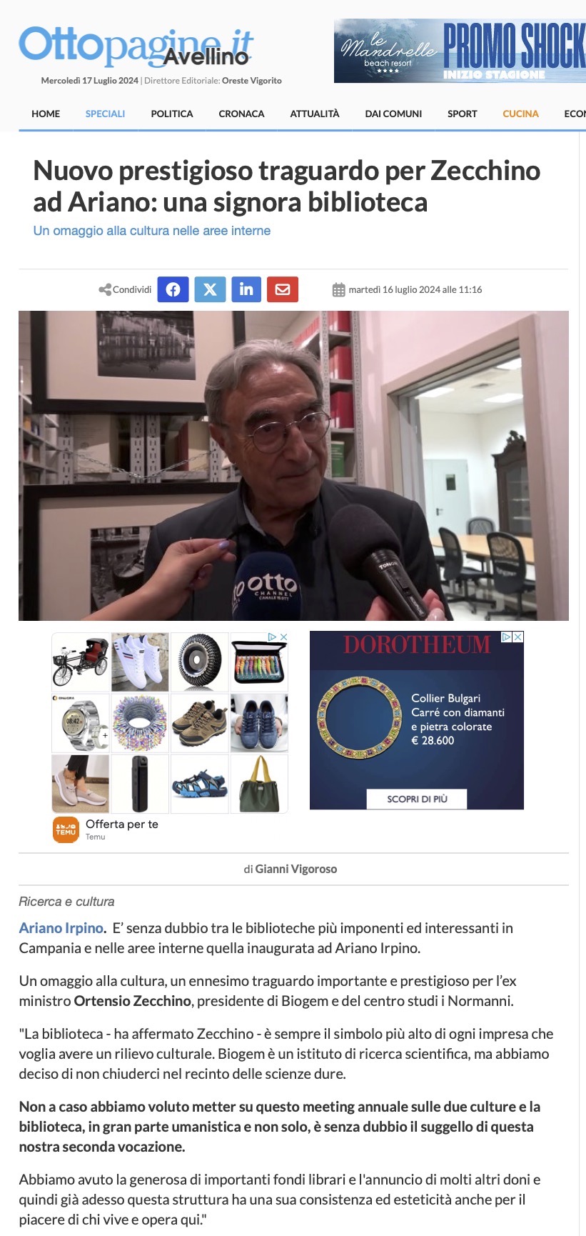 Nuovo prestigioso traguardo per Zecchino ad Ariano: una signora biblioteca